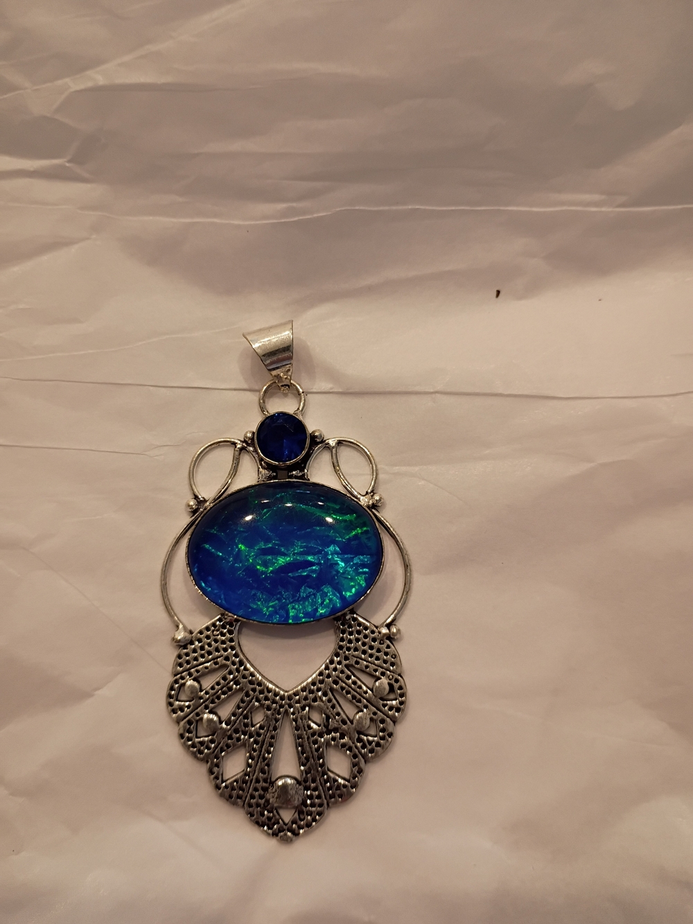 Silver Filigree Pendant with Blue-Green Opal Center And Blue Sapphire Stone - Picture 3 of 7
